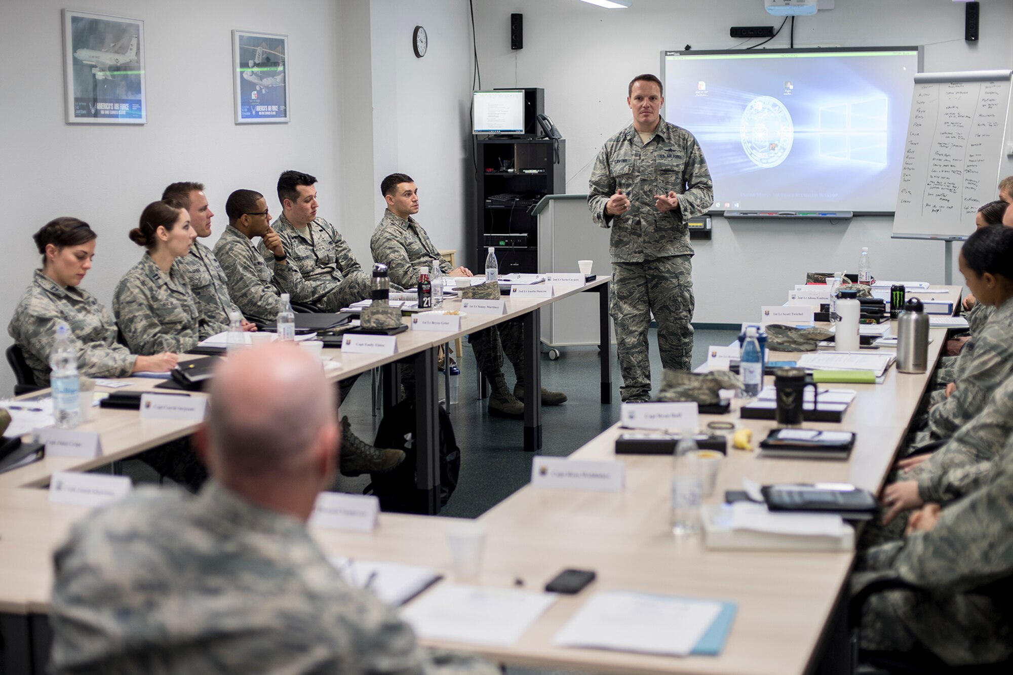 U.S. Air Force Capt. Justin Klawitter, 521st Air Mobility Operations Wing Cyberspace Operations chief, speaks to company grade officers during the Flight Commander and Officer in Charge Leadership Development Course on Ramstein Air Base, Germany, Oct. 16, 2017. The course is designed to prepare young officers for their new roles and responsibilities as Air Force leaders. (U.S. Air Force photo by Senior Airman Devin Boyer)