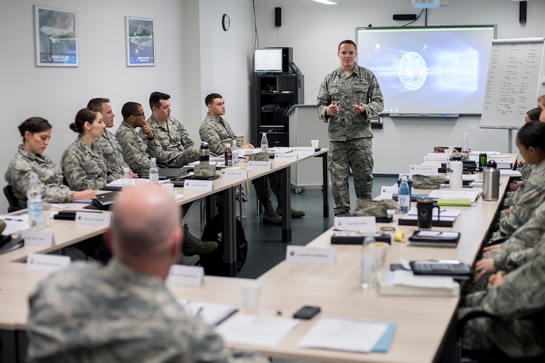 U.S. Air Force Capt. Justin Klawitter, 521st Air Mobility Operations Wing Cyberspace Operations chief, speaks to company grade officers during the Flight Commander and Officer in Charge Leadership Development Course on Ramstein Air Base, Germany, Oct. 16, 2017. The course is designed to prepare young officers for their new roles and responsibilities as Air Force leaders. (U.S. Air Force photo by Senior Airman Devin Boyer)