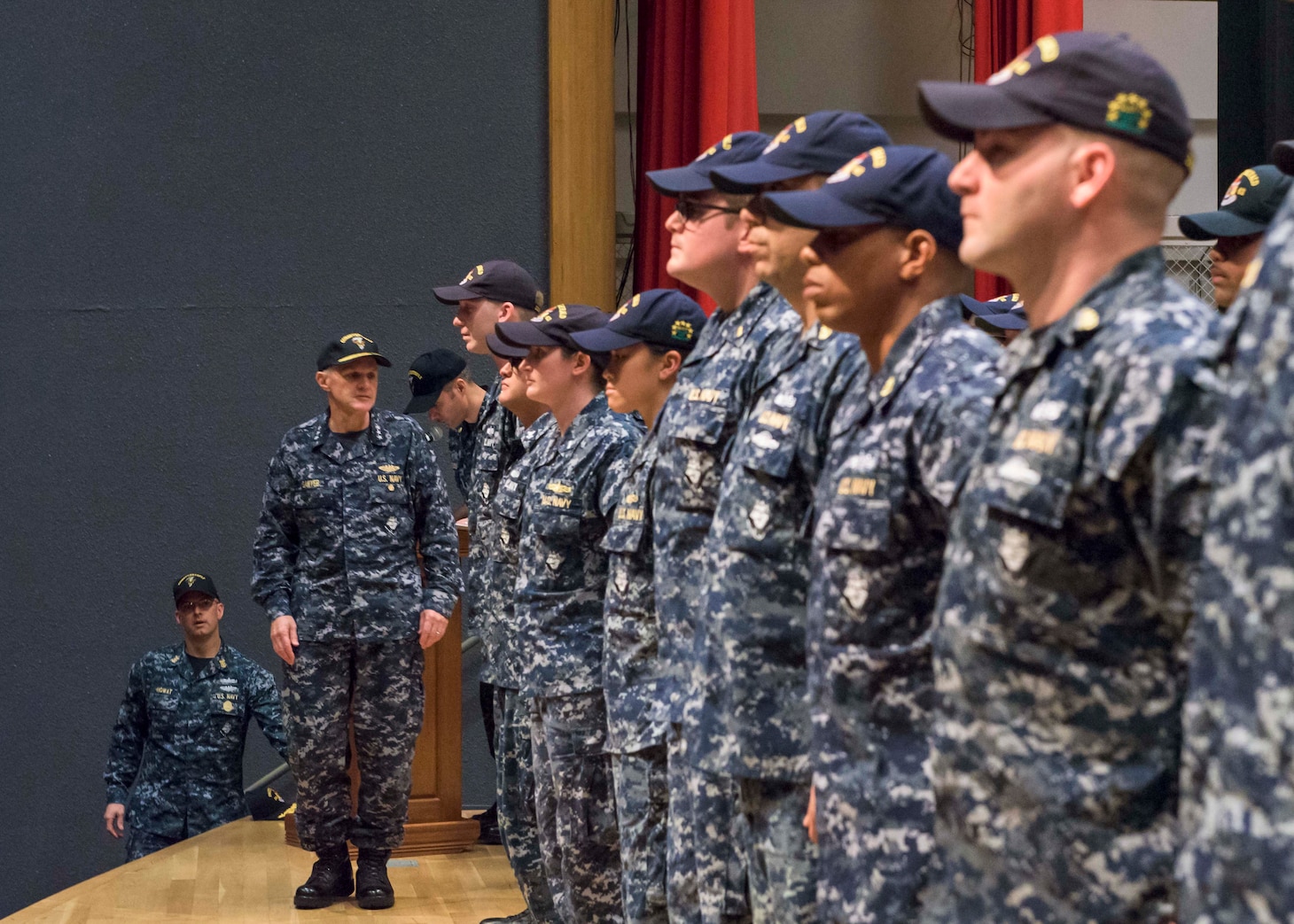 (October 20, 2017) YOKOSUKA, Japan. Vice Adm. Phil Sawyer, commander, U.S. 7th Fleet, awarded the Navy and Marine Corps Commendation Medal to 36 crew members of the Arleigh Burke-class guided-missile destroyer USS Fitzgerald (DDG 62), who distinguished themselves for their bravery and contributions to damage control efforts after a collision with the merchant vessel on June 17.