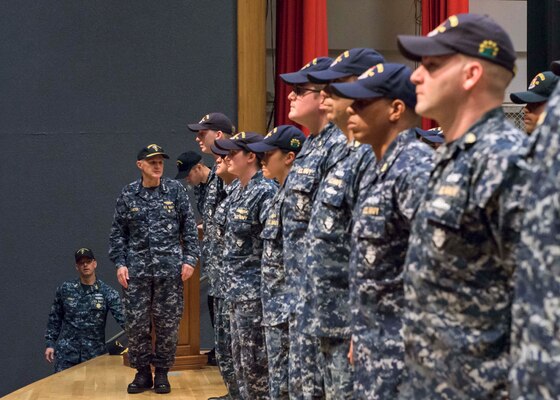 (October 20, 2017) YOKOSUKA, Japan. Vice Adm. Phil Sawyer, commander, U.S. 7th Fleet, awarded the Navy and Marine Corps Commendation Medal to 36 crew members of the Arleigh Burke-class guided-missile destroyer USS Fitzgerald (DDG 62), who distinguished themselves for their bravery and contributions to damage control efforts after a collision with the merchant vessel on June 17.