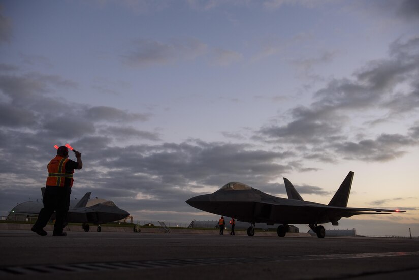 An F-22 Raptor assigned to the 1st Fighter Wing, Joint Base Langley-Eustis, Va., taxis at Spangdahlem Air Base, Germany, Oct. 13, 2017.