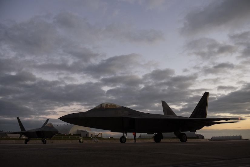 An F-22 Raptor assigned to the 1st Fighter Wing, Joint Base Langley-Eustis, Va., taxis at Spangdahlem Air Base, Germany, Oct. 13, 2017.