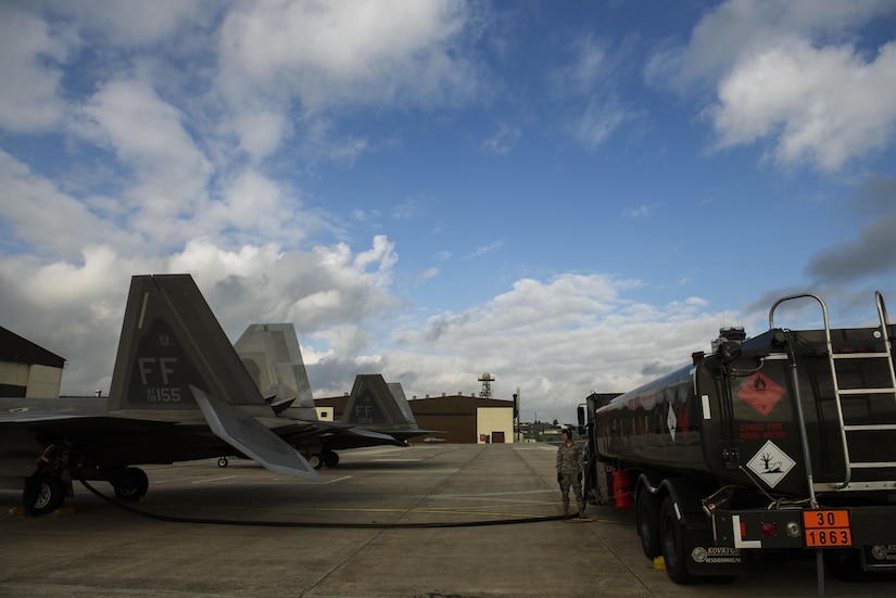 Senior Airman Josh Kampa, 52nd Logistic Readiness Squadron fuels distribution operator, refuels an F-22 Raptor assigned to the 1st Fighter Wing, Joint Base Langley-Eustis, Va., at Spangdahlem Air Base, Germany, Oct. 13, 2017.