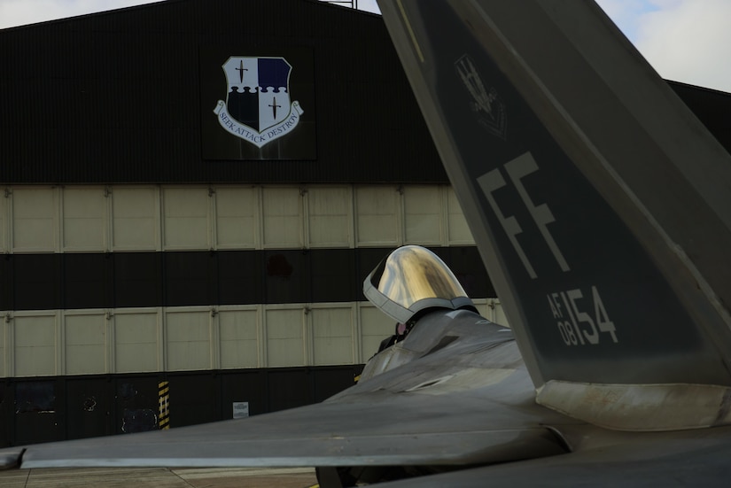 An F-22 Raptor assigned to the 1st Fighter Wing, Joint Base Langley-Eustis, Va., sits on the flightline at Spangdahlem Air Base, Germany, Oct. 13, 2017.