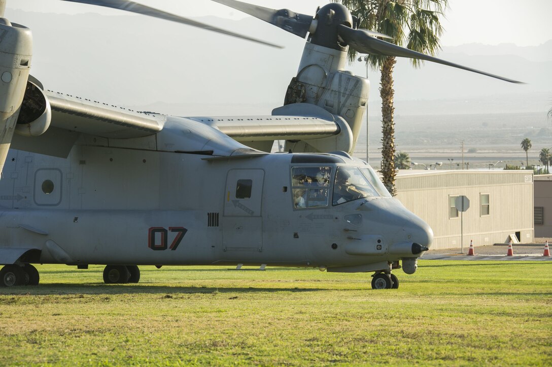 A MV-22 Osprey prepares to take off at Torrey Gray Field aboard the Marine Corps Air Ground Combat Center Twentynine Palms, Calif., Oct. 13, 2017. The landing was conducted as part of a non-combatant evacuation operation exercise in order to prepare Marines for the evacuation of non-essential U.S. citizens and Department of Defense personnel from dangerous situations overseas.