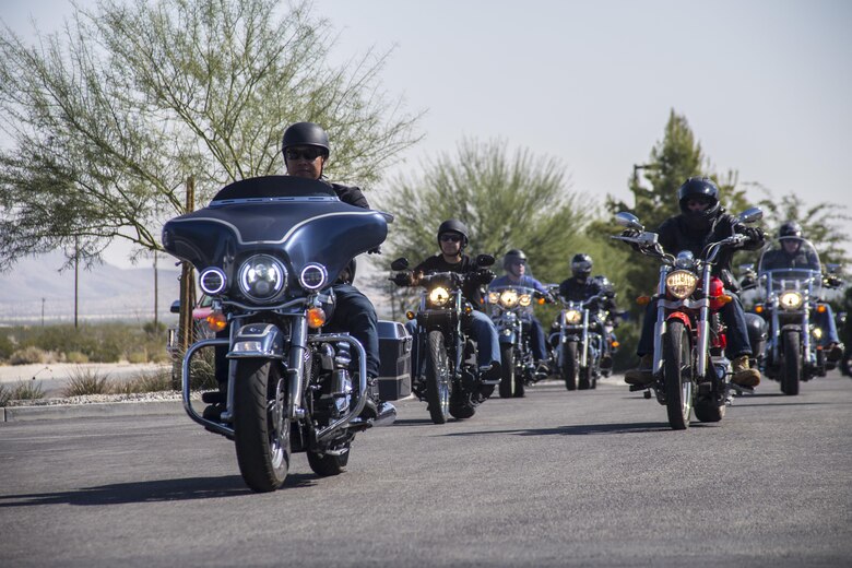 Motorcyclists depart the San Bernardino County Sherriff’s Department during the 4th Annual Roar Against Domestic Violence Motorcycle Ride, Oct. 13, 2017. The ride was hosted to raise awareness for domestic violence amongst Combat Center patrons as well as provide them with resources in the event that they suspect an incident of domestic violence has occurred. (U.S. Marine Corps photo by Cpl. Cpl. Maliek Fowler)