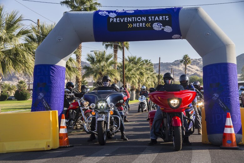 Motorcyclists prepare to depart the Marine Corps Air Ground Combat Center, Twentynine Palms, Calif., during the 4th Annual Roar Against Domestic Violence Motorcycle Ride, Oct. 13, 2017. The ride was hosted to raise awareness for domestic violence amongst Combat Center patrons as well as provide them with resources in the event that they suspect an incident of domestic violence has occurred. (U.S. Marine Corps photo by Cpl. Medina Ayala-Lo)