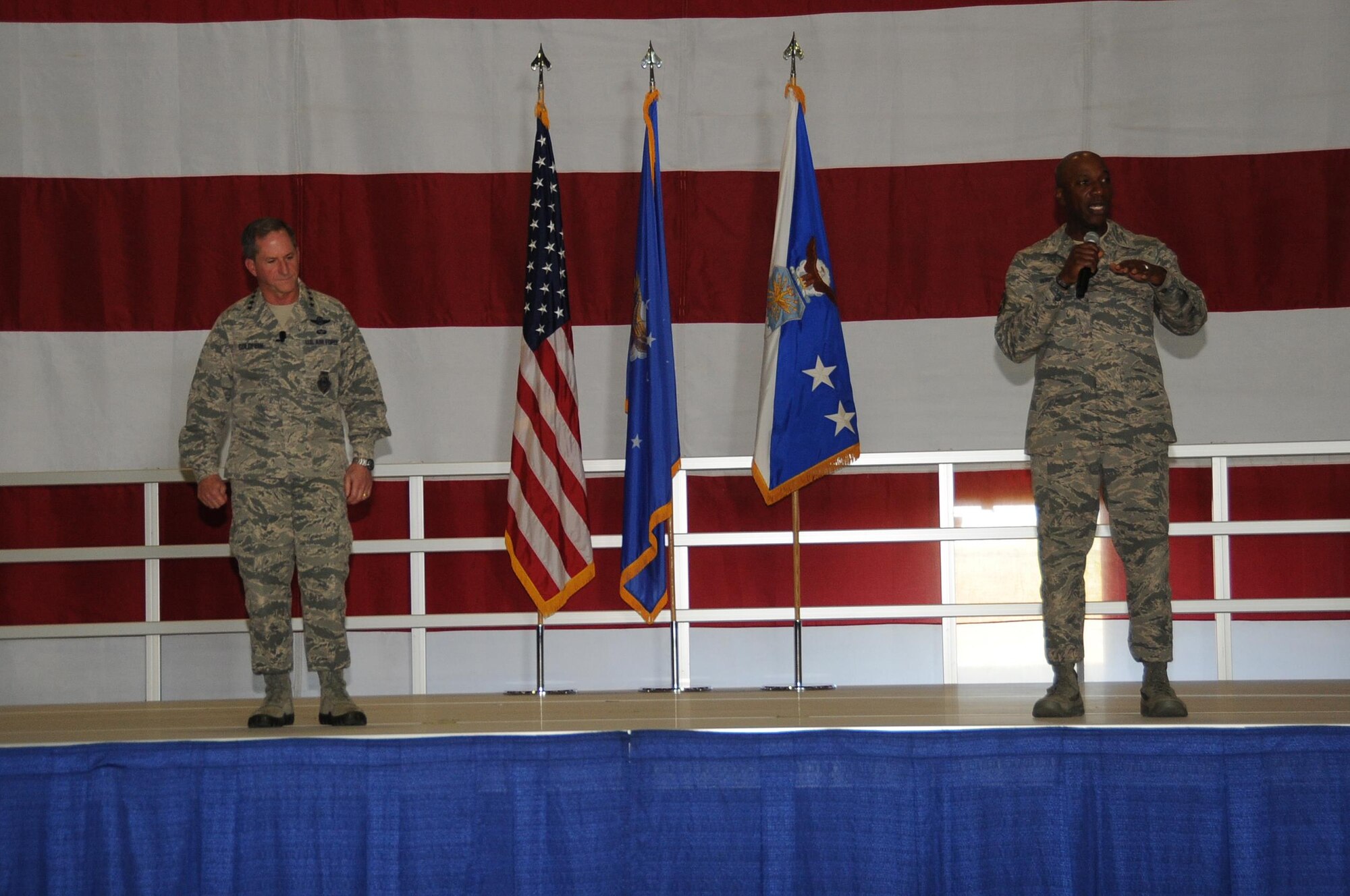 Chief of Staff of the Air Force Gen. David L. Goldfein, left, and Chief Master Sgt. of the Air Force Kaleth O. Wright speak to Airmen in the Bennie Davis Maintenance Facility at Offutt Air Force Base, Nebraska, Oct. 18, 2017. Goldfein and Wright spent much of the day touring the facilities and gaining insight into the base's current mission sets.