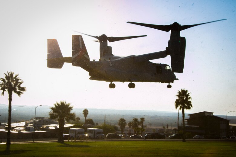 A MV-22 Osprey prepares to land on Lance Cpl. Torrey L. Gray Field aboard the Marine Corps Air Ground Combat Center, Twentynine Palms, Calif., Oct. 13, 2017. The landing was conducted as part of a non-combatant evacuation operation exercise in order to prepare Marines for the evacuation of non-essential U.S. citizens and Department of Defense personnel from dangerous situations overseas. (U.S. Marine Corps photo by Lance Cpl. Isaac Cantrell)