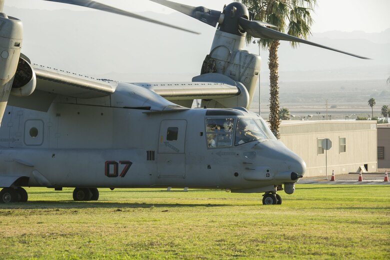 A MV-22 Osprey prepares to take off at Torrey Gray Field aboard the Marine Corps Air Ground Combat Center Twentynine Palms, Calif., Oct. 13, 2017. The landing was conducted as part of a non-combatant evacuation operation exercise in order to prepare Marines for the evacuation of non-essential U.S. citizens and Department of Defense personnel from dangerous situations overseas. (U.S. Marine Corps photo by Lance Cpl. Isaac Cantrell)