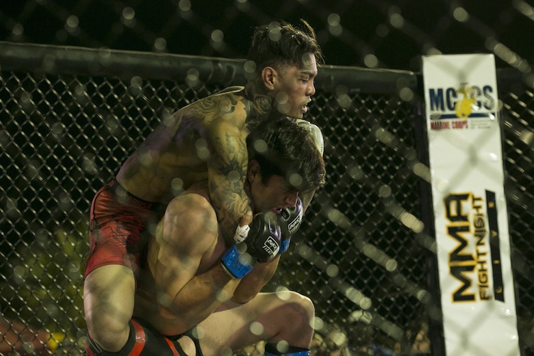 A competitor puts his opponent in a rear-naked choke during Fight Night at Victory Field, aboard the Marine Corps Air Ground Combat Center, Twentynine Palms, Calif., Oct. 13, 2017. Fight Night is an annual event hosted by Marine Corps Community Services to boost the morale of service members aboard the Combat Center. (U.S. Marine Corps photo by Lance Cpl. Isaac Cantrell)