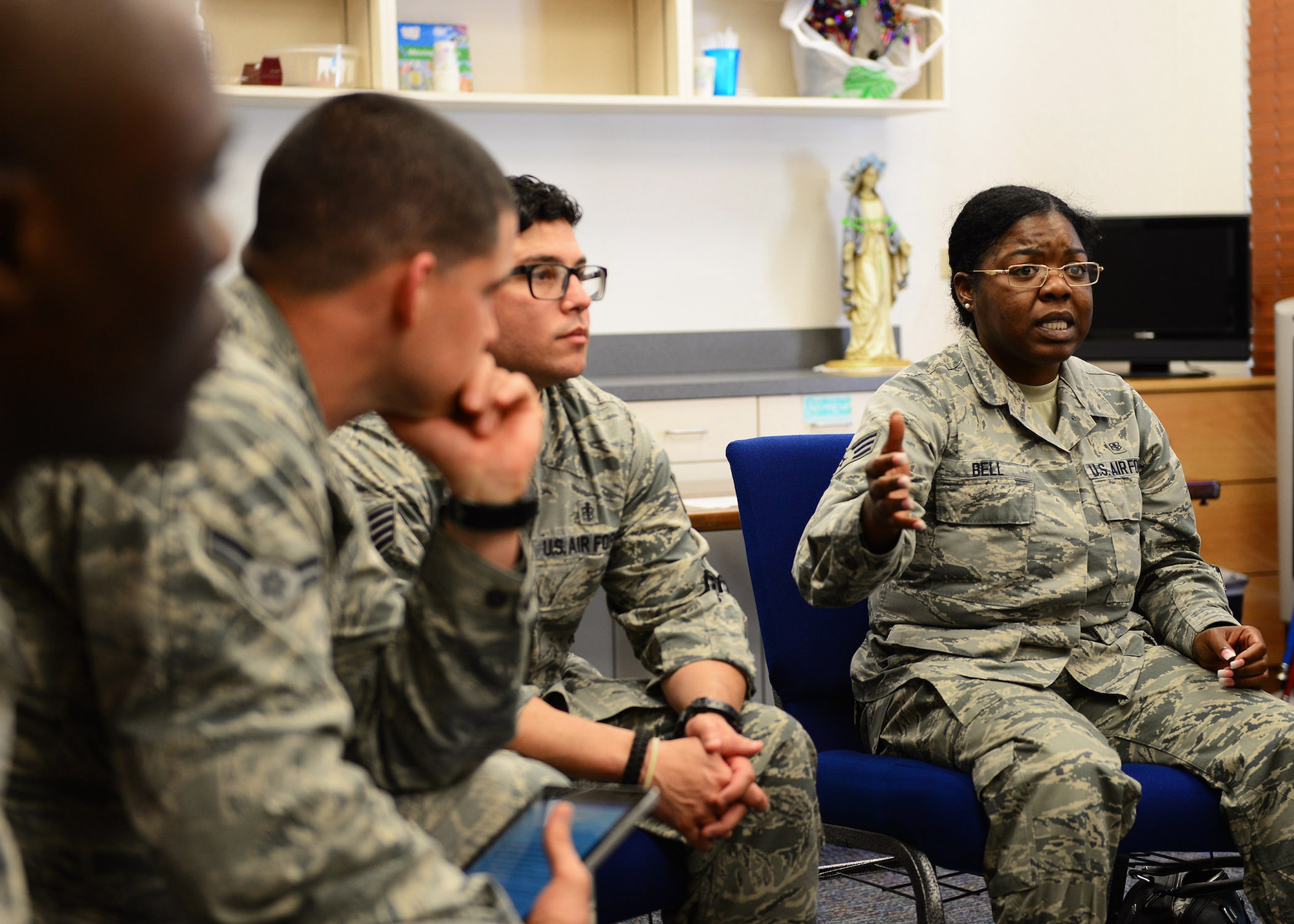 U.S. Air Force Senior Airman June Bell, 47th Medical Group troop and a participant of the Celebrate Life panel, shares her story during a break-out group discussion before present at the annual Senior Leaders Conference at Joint Base San Antonio-Randolph, Texas Oct. 19, 2017. The presentations were the culmination of several days of discussions during the conference in which Airmen were divided into three groups and asked to get to know one another by telling their stories and drawing from one another's experiences. (U.S. Air Force photo by Staff Sgt. Chip Pons)