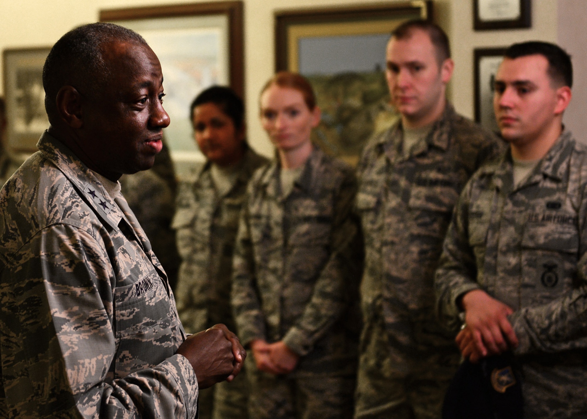 U.S. Air Force Maj. Gen. Mark Brown, Deputy Commander of Air Education and Training Command, addresses participants of the Celebrate Life panel moments after presenting them with his coin at the annual Senior Leaders Conference at Joint Base San Antonio-Randolph, Texas Oct. 19, 2017. Over twenty Airmen from around Air Education and Training Command and the Air Force presented their stories of resiliency and their ideas about how to celebrate life to senior leaders attending the conference. (U.S. Air Force photo by Staff Sgt. Chip Pons)