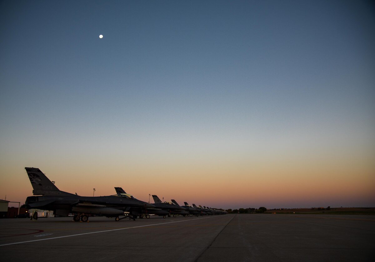 175th Fighter Squadron F-16 Fighting Falcons are parked on the flight line during the Phase 1 of the Attack Response Exercise (ARE) Oct. 8, 2017, Joe Foss Field, S.D.