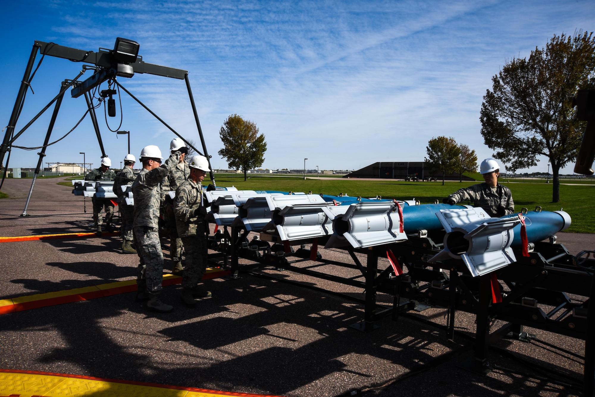 114th Maintenance Squadron ammunition Airmen prepared munitions during the Phase 1 of the Attack Response Exercise (ARE) Oct. 13, 2017, Joe Foss Field, S.D.