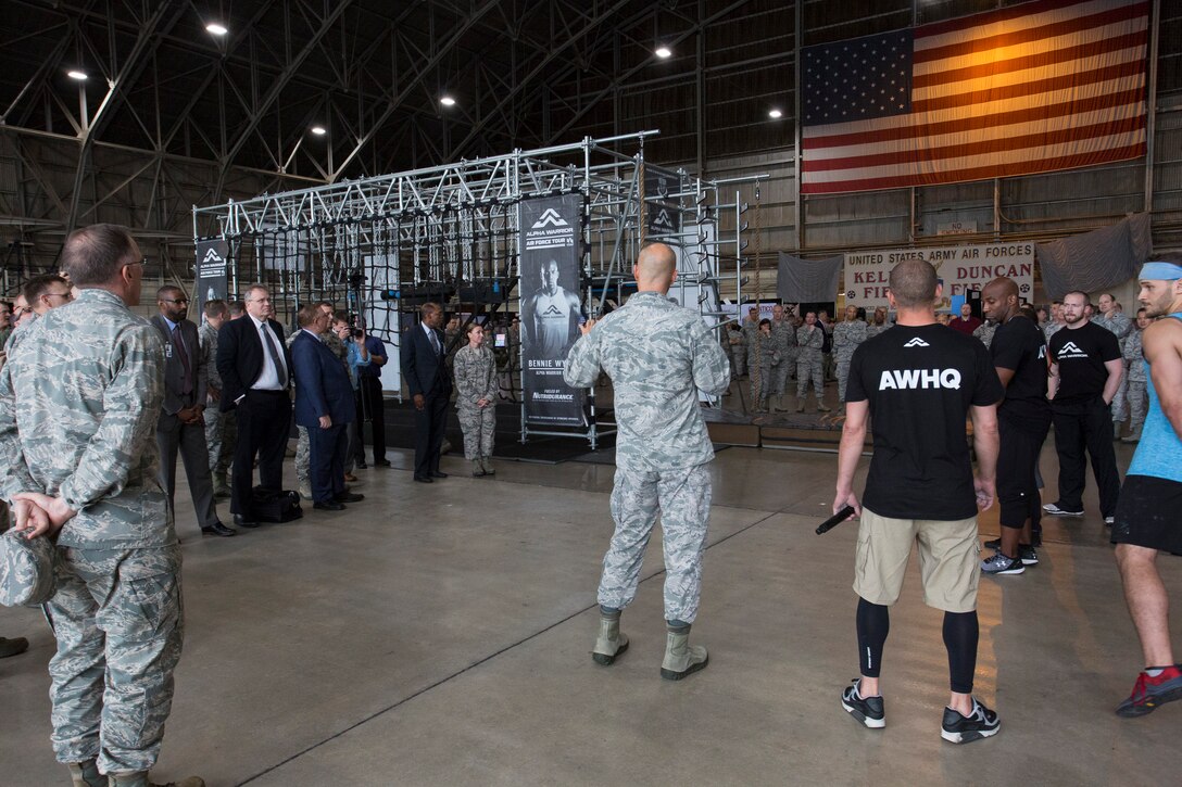 Maj. Gen. Brad Spacy (middle), AFIMSC commander, addresses a crowd prior to an Alpha Warrior rig demonstration, will be on-hand for the Air Force Alpha Warrior Final Battle Nov. 11 and commemorating Veterans Day with opening remarks.