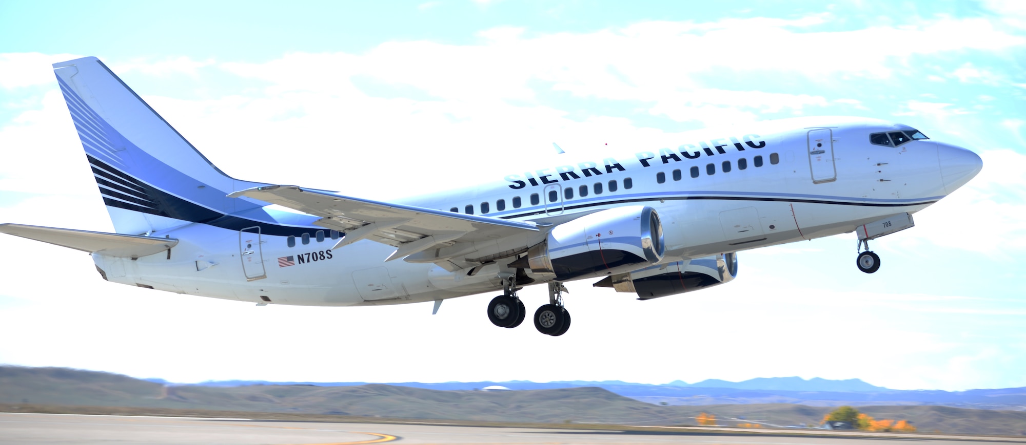 A Boeing 737 takes off from Ellsworth Air Force Base, S.D., transporting Airmen to Nellis Air Force Base, Nev., to participate in Green Flag exercise 18-1 Oct. 16, 2017. Aircrew from the 34th and 37th Bomb Squadrons and maintainers from the 34th Aircraft Maintenance Unit, are participating in the joint exercise to hone their skills in realistic training scenarios aimed at providing close-air support to U.S Army units on the ground. (U.S. Air Force photo by Airman 1st Class Thomas Karol)