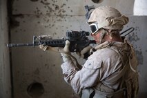 A Marine with 3rd Light Armored Reconnaissance Battalion, 1st Marine Division, provides perimeter security during part of the Battalion’s Marine Corps Combat Readiness Evaluation at Marine Corps Air Ground Combat Center Twentynine Palms, Calif., Mar. 13, 2017.