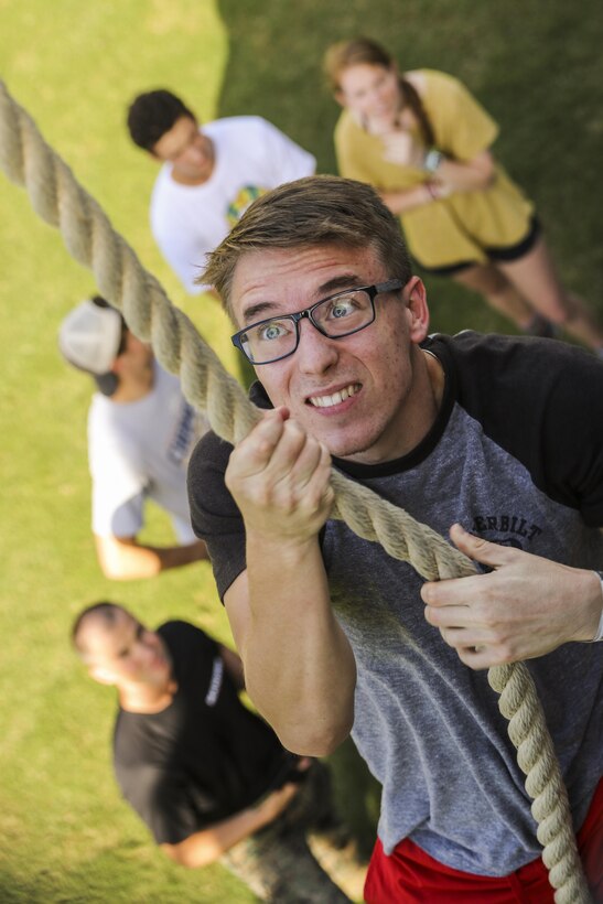 A Vanderbilt University student attempts the Battles Won Challenge (BWC), an aptitude course presented by the United States Marine Corps, in Nashville, Tennessee, on Sep. 29, 2017. The BWC is an immersive challenge designed to test a young man or woman's mental and physical fitness. (U.S. Marine Corps photo by Sgt. Mandaline Hatch)