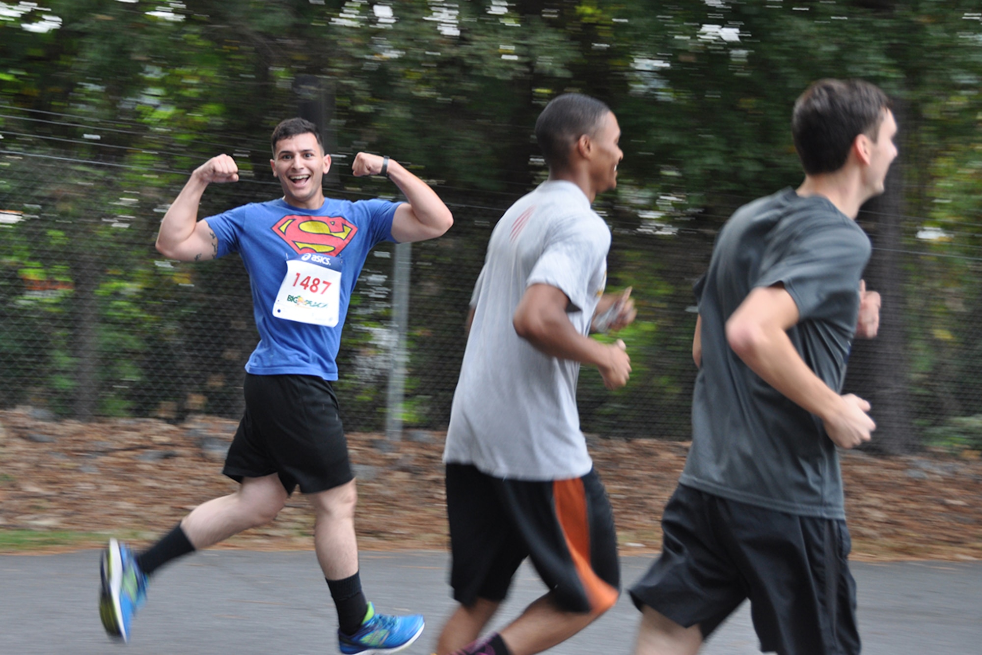A runner poses for a photo during the 2017 Falcon 5K at Dobbins Air Reserve Base, Ga. Oct. 15, 2017. A milestone was reached as this marked the fifth annual event hosted by the Dobbins Top 3. (U.S. Air Force photo/Senior Airman Justin Clayvon)