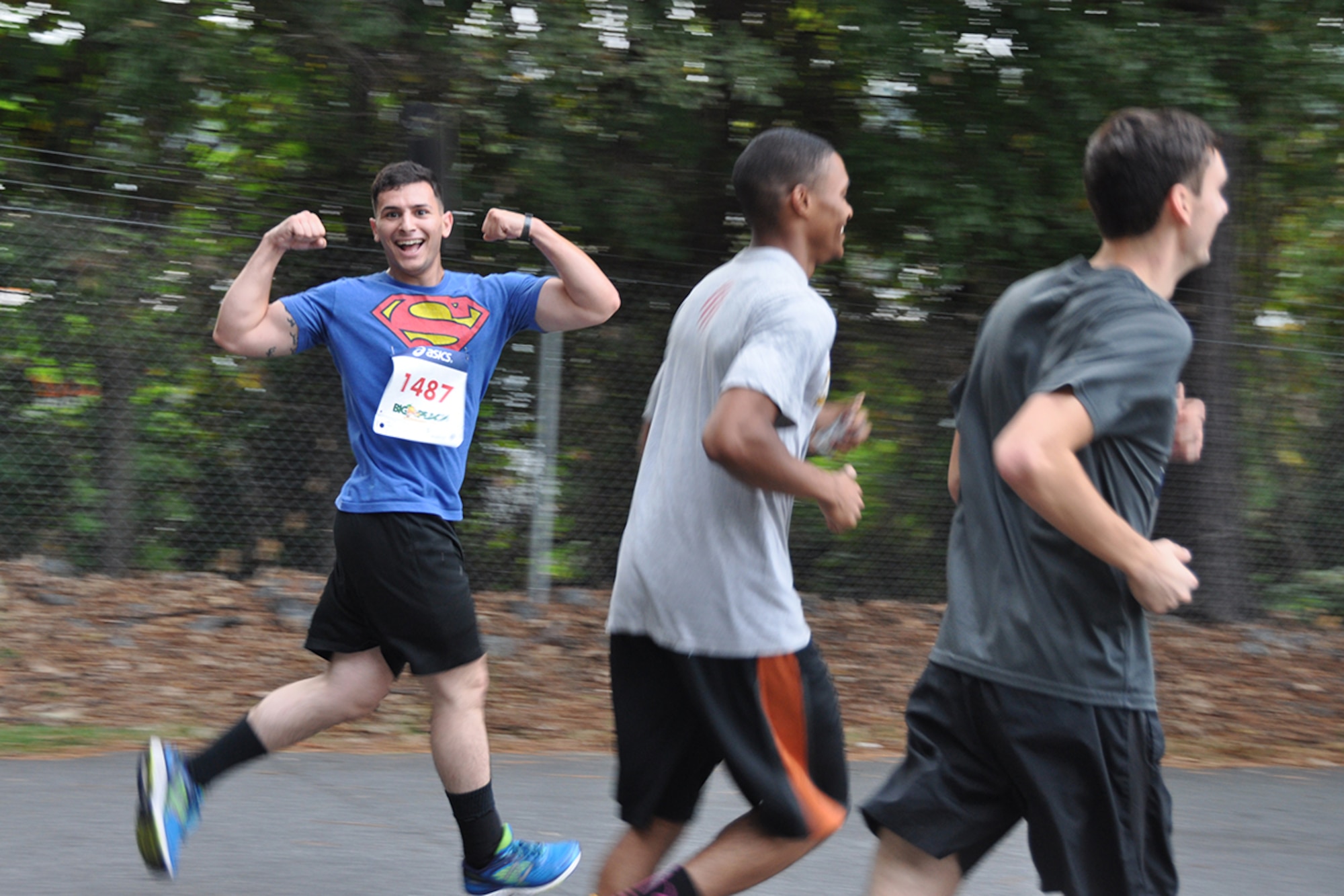 A runner poses for a photo during the 2017 Falcon 5K at Dobbins Air Reserve Base, Ga. Oct. 15, 2017. A milestone was reached as this marked the fifth annual event hosted by the Dobbins Top 3. (U.S. Air Force photo/Senior Airman Justin Clayvon)