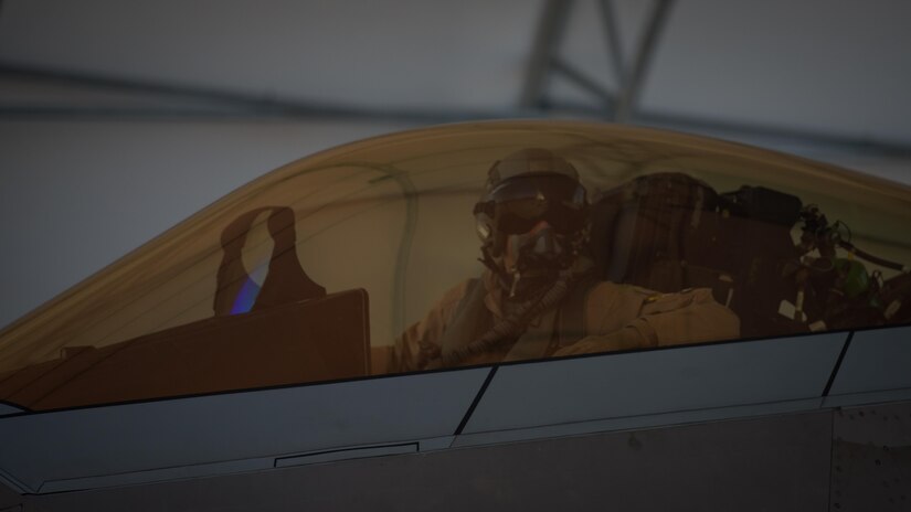 U.S. Air Force Lt. Col. Christian Bergtholdt, 27th Fighter Squadron director of operations, taxis on the flightline at Joint Base Langley-Eustis, Va., Oct. 19, 2017.