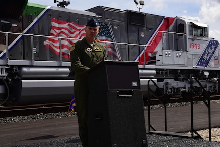 Col. Jupe Etheridge, 12th Operations Group Commander, addresses an audience during the unveiling ceremony for Union Pacific locomotive No. 1943 at Sunset Station in San Antonio Oct. 19, 2017.  UP No. 1943 is painted to honor Veterans and those still serving in the military.