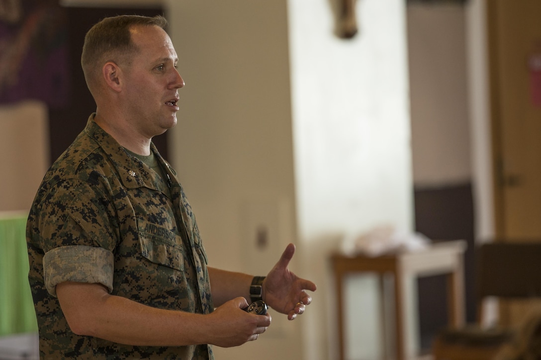 U.S. Marine Corps LtCol Josh Anderson, G-F Operations/Housing Officer, introduces Bob Marshall during the Family Housing Installation Leadership Brief on Camp Pendleton, Calif., October 17, 2017. The goal of the brief was to outline the ‘3 step’ family housing resolution process, RCEP billing procedures, and allow a forum to discuss ongoing concerns. (U.S. Marine Corps photo by Pfc. Dalton S. Swanbeck)