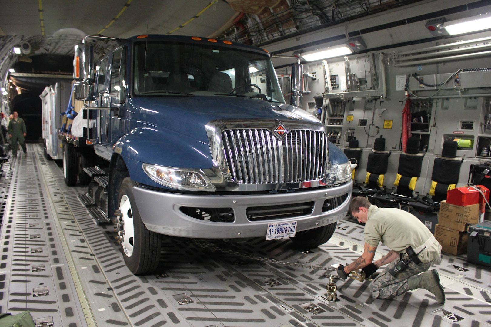 Airmen from the 123rd Airlift Wing load a Disaster Relief Mobile Kitchen Trailer onto a C-17 Globemaster III aircraft at the Kentucky Air National Guard Base in Louisville, Ky., Oct. 11, 2017, to be transported to San Juan, Puerto Rico. Seven Airmen from the wing’s 123rd Services Flight will employ the trailer to serve up to 4,000 hot meals per day to hurricane relief forces. (U.S. Air National Guard photo by Lt. Col. Katrina Bramlett)