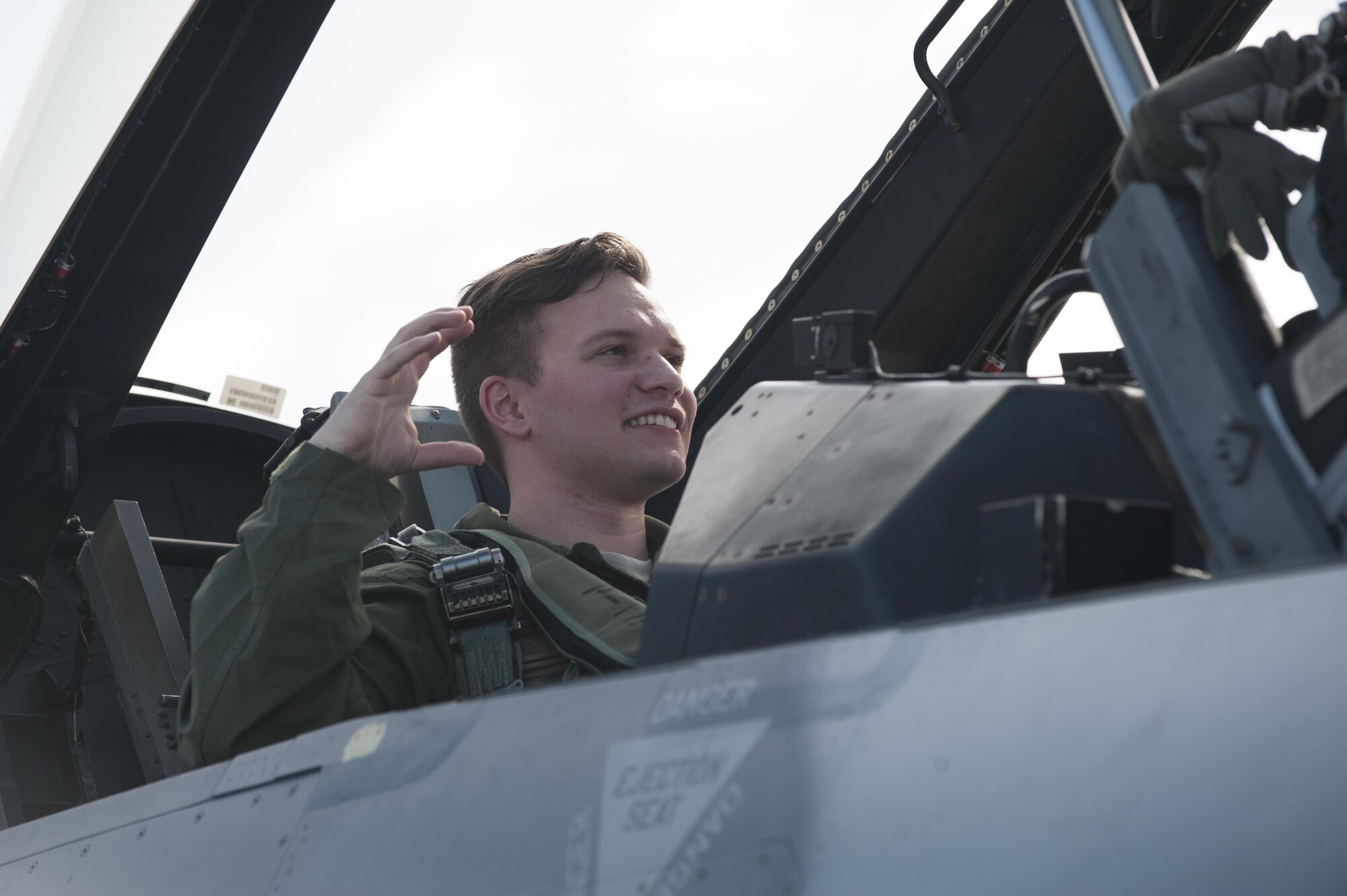 Airmen receive familiarization flights in an F-16 Fighting Falcon during aviation training relocation.