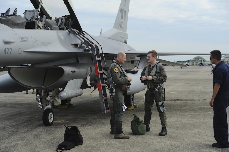 Airmen receive familiarization flights in an F-16 Fighting Falcon during aviation training relocation.