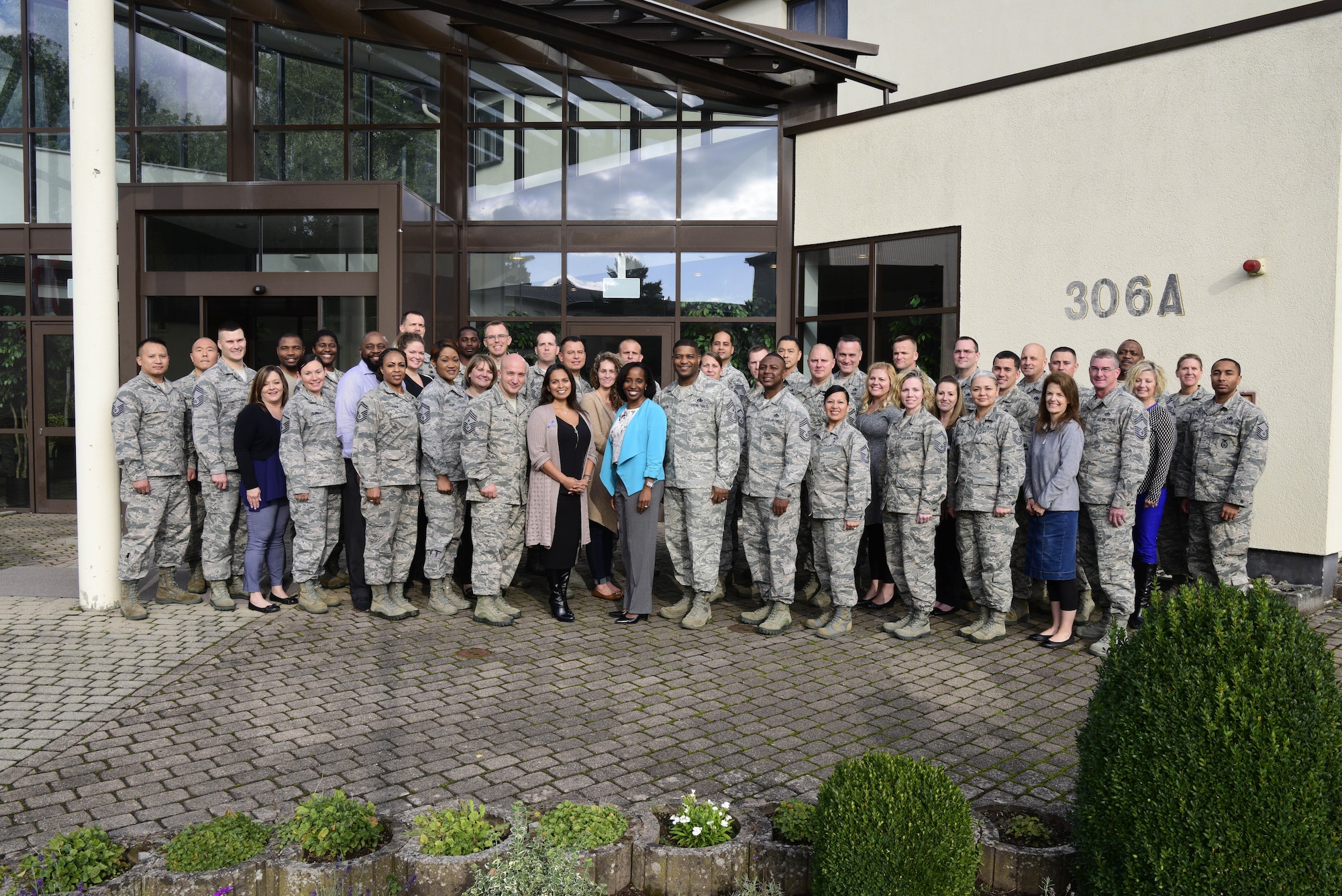 U.S. Air Forces in Europe superintendents and their spouses pose for a group photo during the USAFE Squadron Superintendents and Spouses course at Ramstein Air Base, Germany, Oct. 3, 2017.