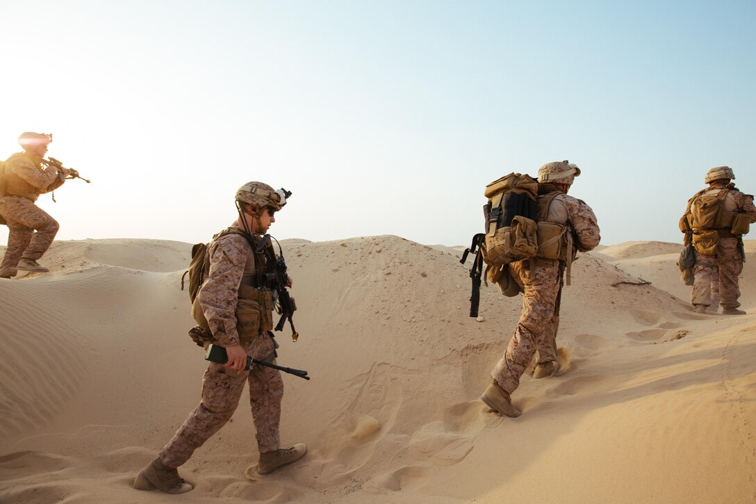 U.S. Marines with 2nd Battalion, 7th Marine Regiment make their way toward simulated casualties during a quick reaction force exercise in the Middle East, Oct. 10, 2017. They are part of a quick reaction force that is capable of responding to developing situations on short notice. Marines with 2/7 were tasked to conduct a QRF to quickly recover simulated casualties and take them back to safety. This was the first exercise 2/7 has conducted after replacing 1st Battalion, 7th Marine Regiment in the U.S. Central Command area of operations.