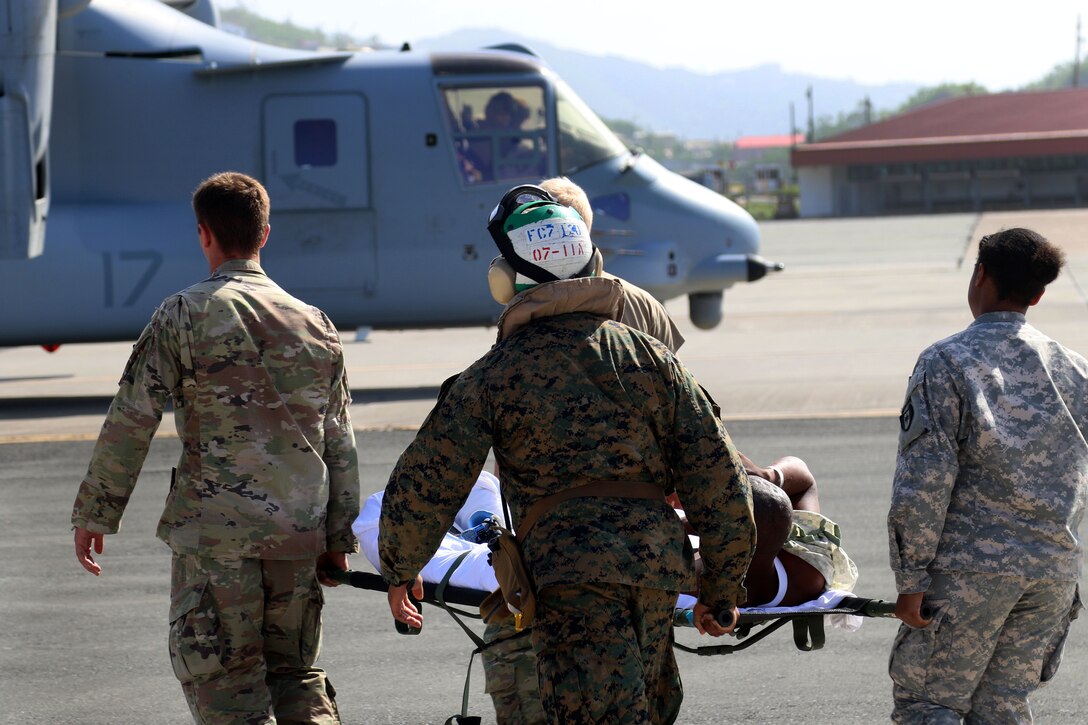 Service members carry a person on a gurney towards an aircraft.