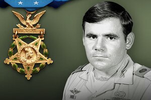 A photo of a man next to a graphic of the Medal of Honor