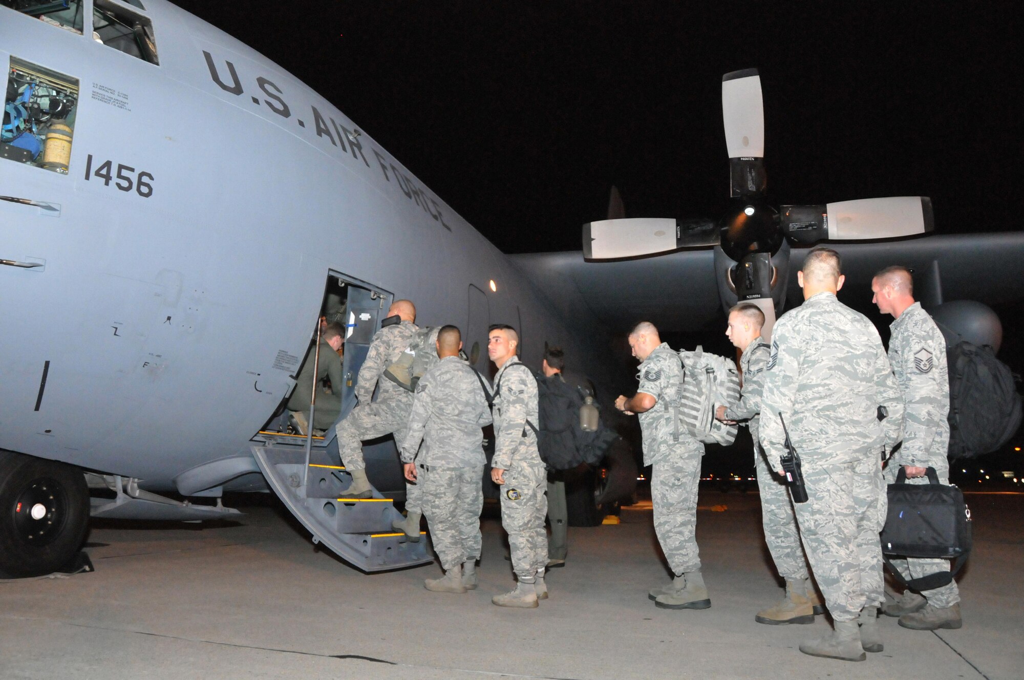 181st Security Forces Squadron load a C-130 Hercules aircraft at Hulman Field Air National Guard base, Oct. 9, 2017.