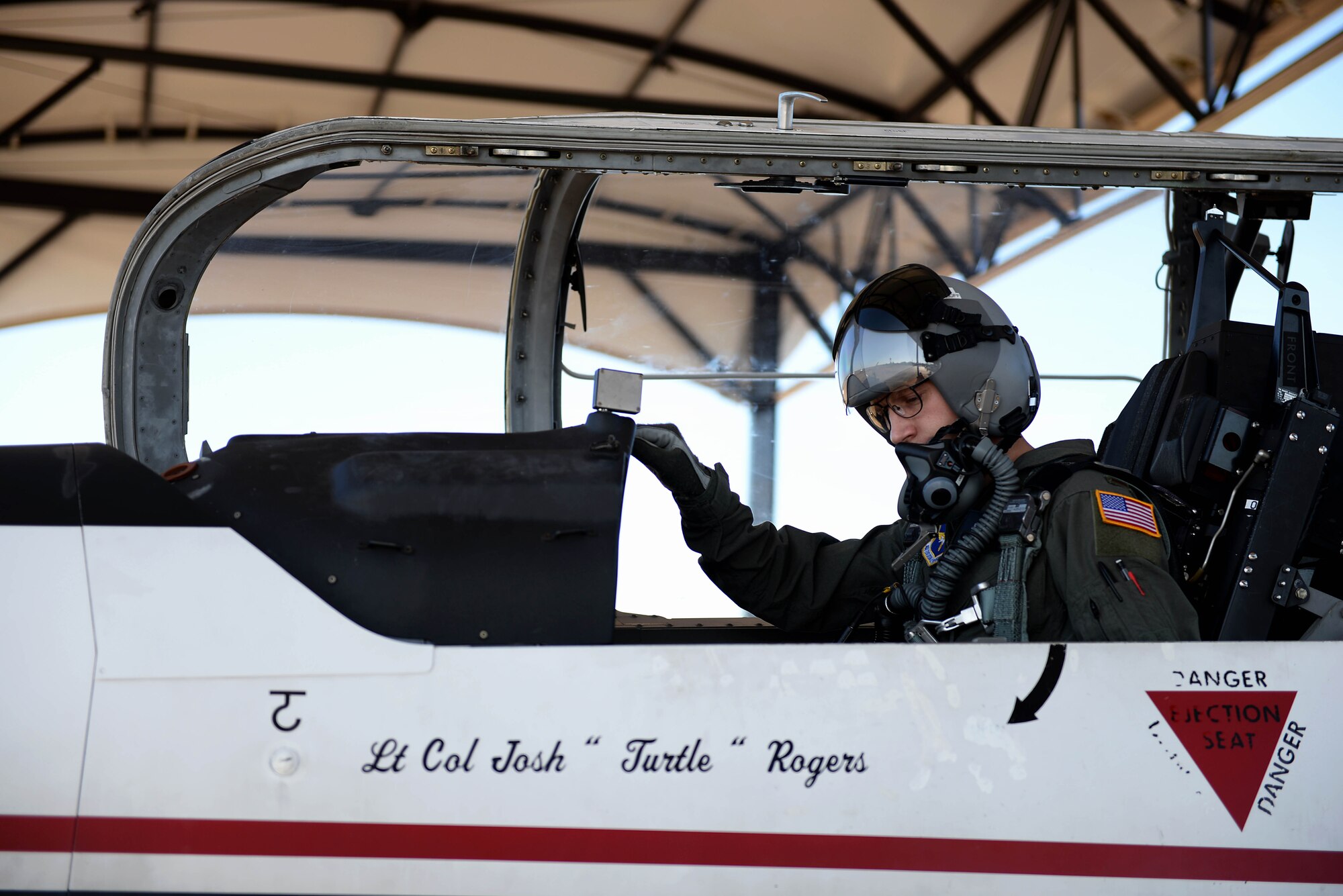 Second Lt. William Groff, 37th Flying Training Wing student pilot, prepares for a solo flight Oct. 11, 2017, on Columbus Air Force Base, Mississippi. Students complete solo flights in order to progress through the Specialized Undergraduate Pilot Training course; however students will fly with an instructor pilot a majority of their flights. (U.S. Air Force photo by Airman 1st Class Keith Holcomb)