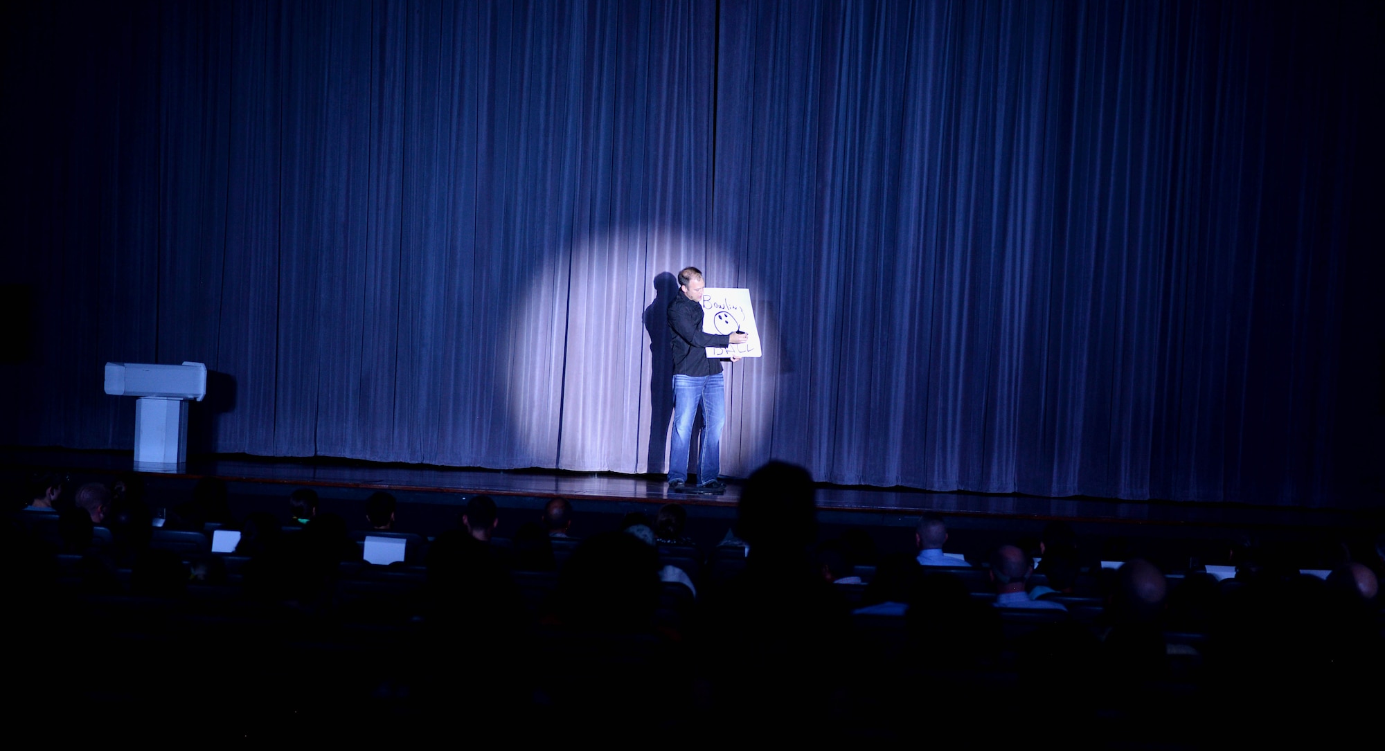 Jason Michaels, illusionist and magician, performs at the Kaye Auditorium Oct. 13, 2017, on Columbus Air Force Base, Mississippi. Michaels was diagnosed with Tourette’s syndrome at 6 years old; overcoming it, he is now an international award-winning sleight-of-hand artist and professional speaker. (U.S. Air Force photo by Airman 1st Class Keith Holcomb)