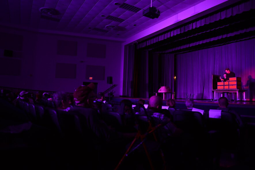 Jason Michaels, illusionist and magician, performs at the Kaye Auditorium Oct. 13, 2017, on Columbus Air Force Base, Mississippi. Michaels has performed for numerous bases across the world, even touring in the Middle East to provide entertainment to troops down range. (U.S. Air Force photo by Airman 1st Class Keith Holcomb)