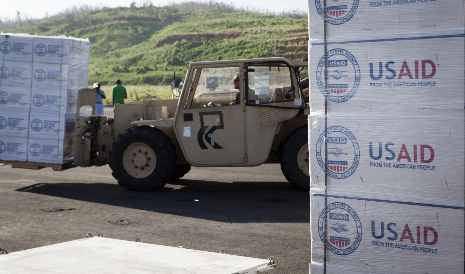 Forklift driver transports boxes in Dominica.