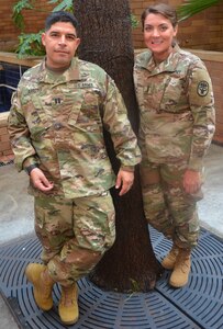 Army Capt. John Arroyo and 1st Lt. Katie Ann Blanchard pose outside of Brooke Army Medical Center on Joint Base San Antonio-Fort Sam Houston. The officers are both workplace violence survivors hoping to share a story of hope with other service members and civilians.