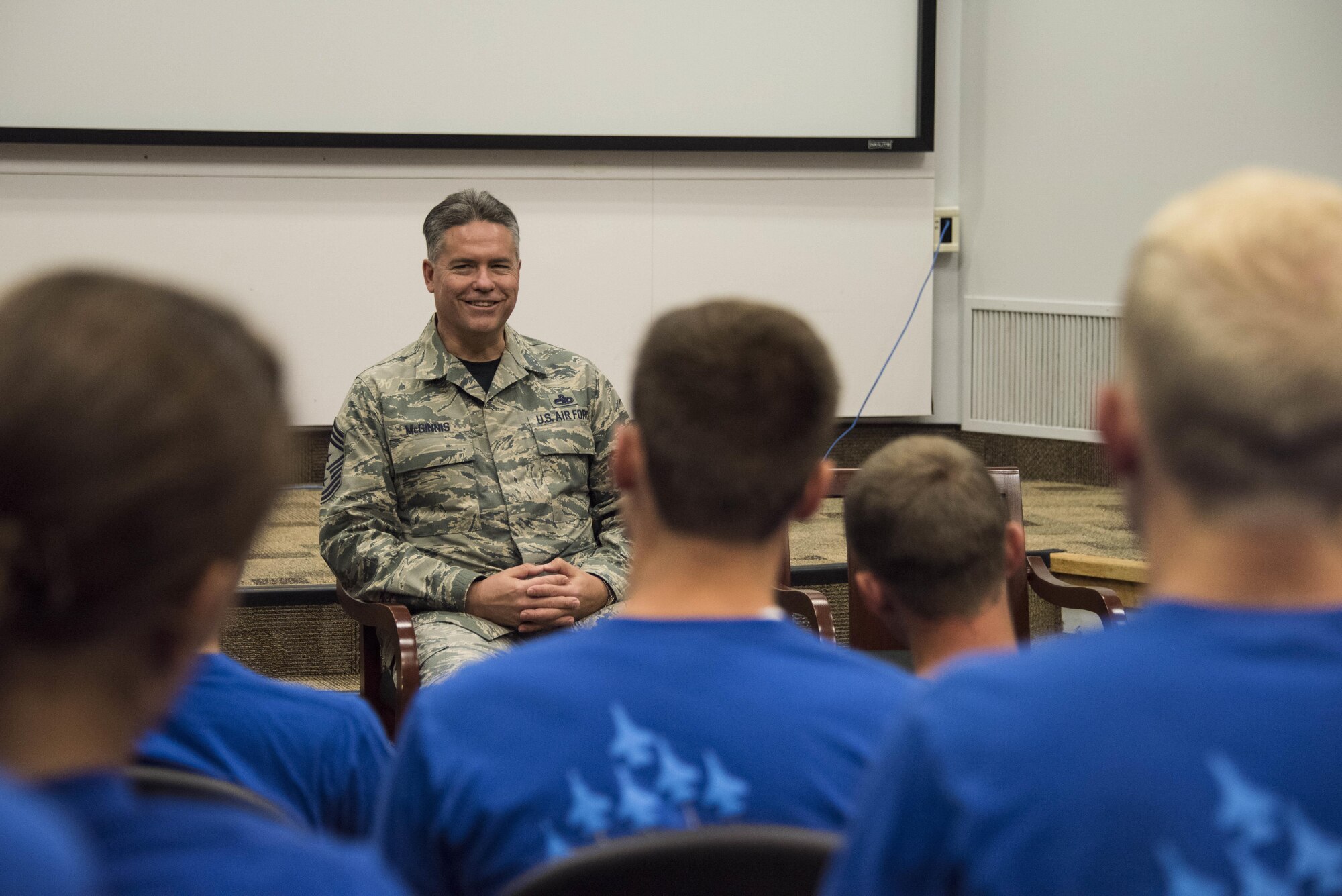 Chief Master Sgt. Arvie McGinnis, 419th Fighter Wing command chief, speaks to the Development and Training Flight