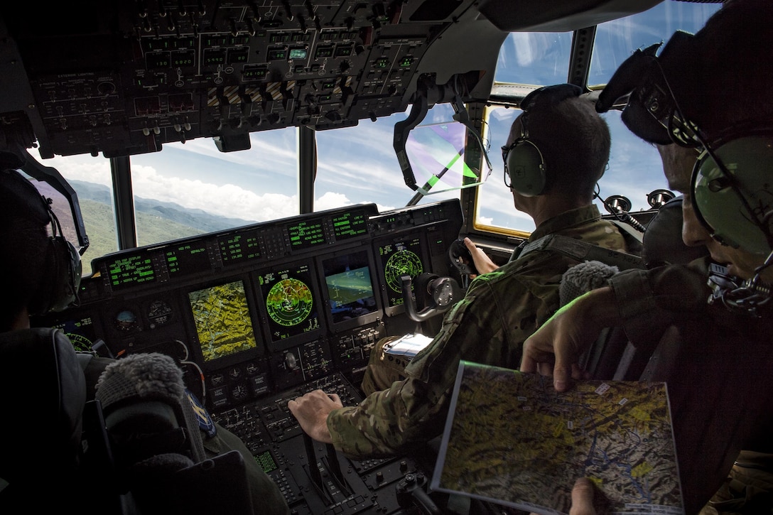 Aircrew from the 71st Rescue Squadron fly an HC-130J Combat King II, May 31, 2017, in the skies over Tenn. As a rescue crew, aircrew members from the 71st RQS specialize in rescuing isolated personnel from austere or denied locations.(U.S. Air Force photo by Staff Sgt. Ryan Callaghan)