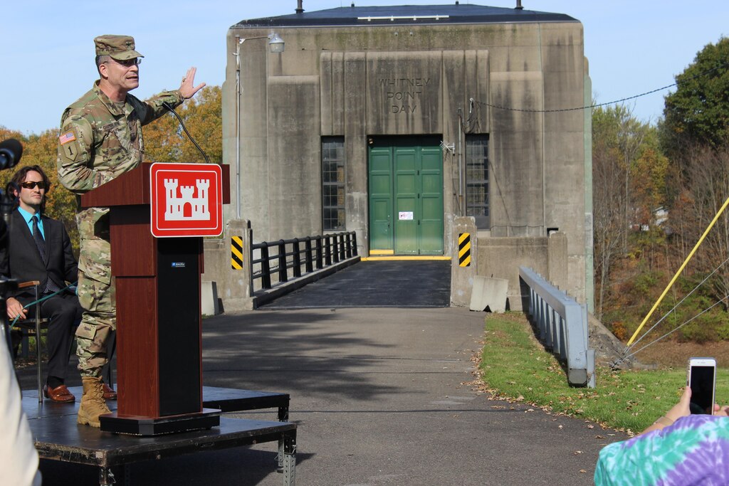 U.S. Army Corps of Engineers, Baltimore District, Commander Col. Ed Chamberlayne discusses the flood risk management benefits that Whitney Point Dam in New York has provided to downstream communities over the years at a ceremony in front of the dam’s gatehouse commemorating its 75th anniversary Saturday October 21, 2017. It’s estimated that the dam has prevented more than $726 million in damages to downstream communities, including Binghamton, N.Y., since being completed in 1942. (U.S. Army photo by Malcolm Jones)