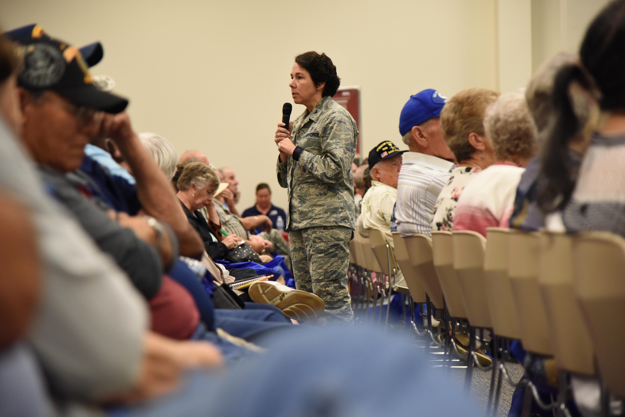 Col. Jeannine Ryder, 81st Medical Group commander, briefs on the Keesler Medical Center capabilities during Retiree Appreciation Day at the Roberts Consolidated Aircraft Maintenance Facility Oct. 20, 2017, on Keesler Air Force Base, Mississippi. The annual event, sponsored by the Keesler Retiree Activities Office, included more than 20 displays with information pertinent to retirees and a free lunch. (U.S. Air Force photo by Kemberly Groue)
