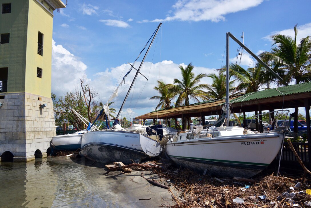 Sailboats sit damaged after the hurricane.