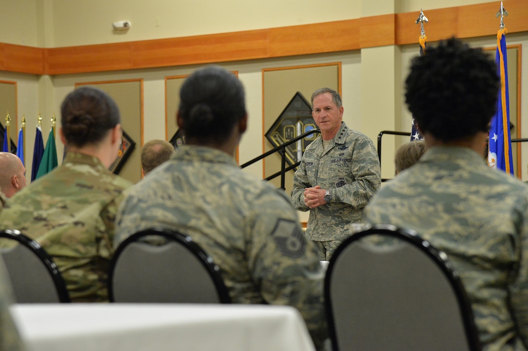 Air Force Chief of Staff Gen. David L. Goldfein speaks with squadron leadership at the Grizzly Bend during his visit to Malmstrom Air Force Base, Mont., Oct. 20, 2017.