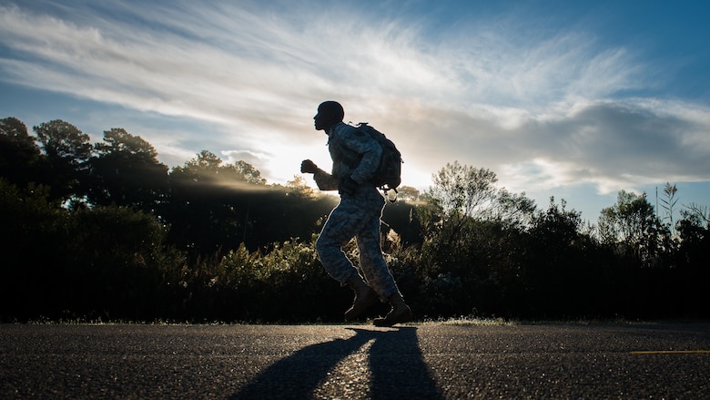 A U.S. Army Soldier participates in the ruck portion of the German Armed Forces Proficiency Badge evaluation at Joint Base Langley-Eustis, Va., Oct. 19, 2017.