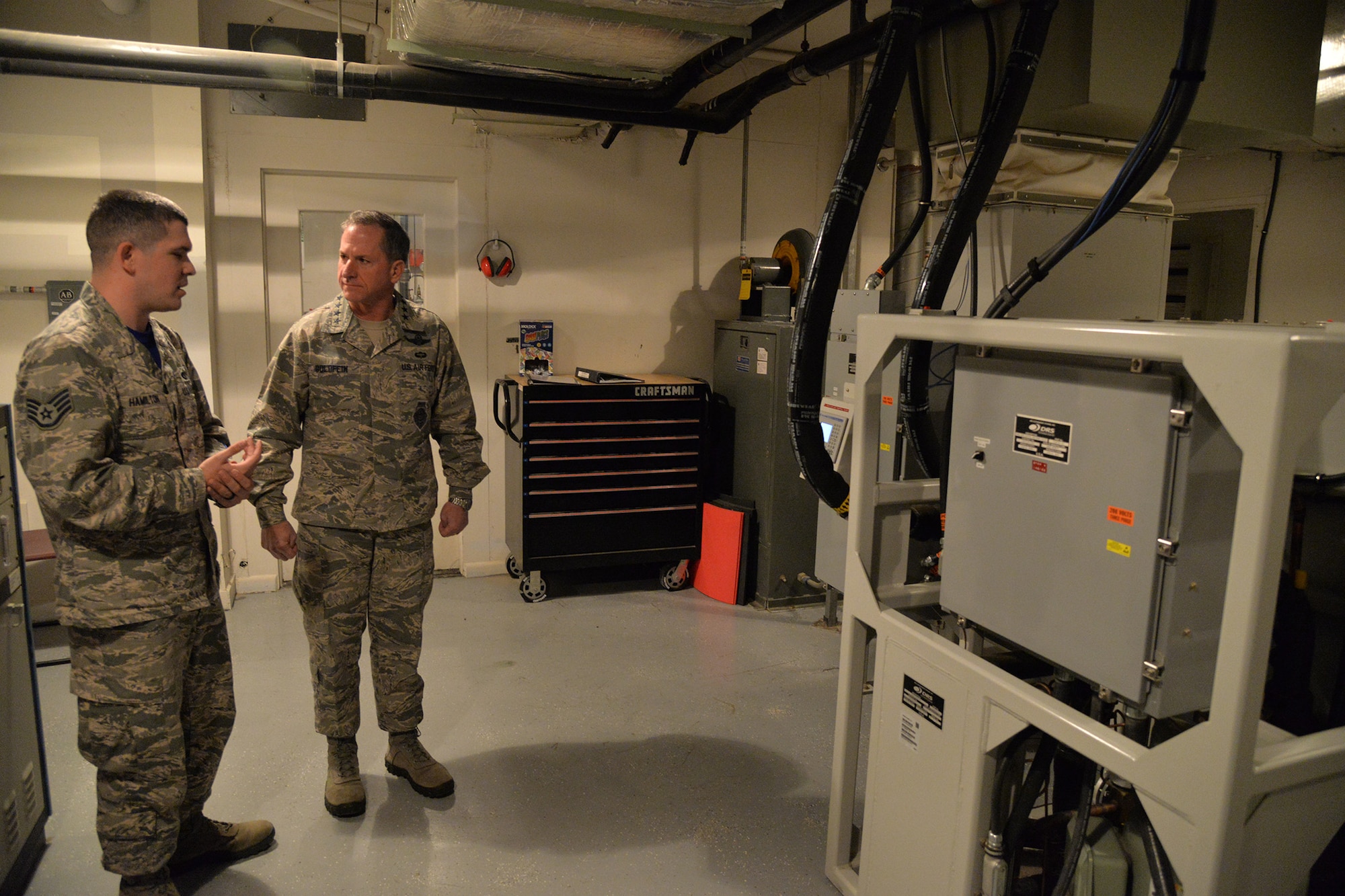 Chief of Staff of the Air Force Gen. David L. Goldfein and Staff Sgt. Geoff Hamilton, 10th Missile Squadron facility manager, tour a missile alert facility Oct. 20, 2017, located in the missile complex of Malmstrom Air Force Base, Mont.