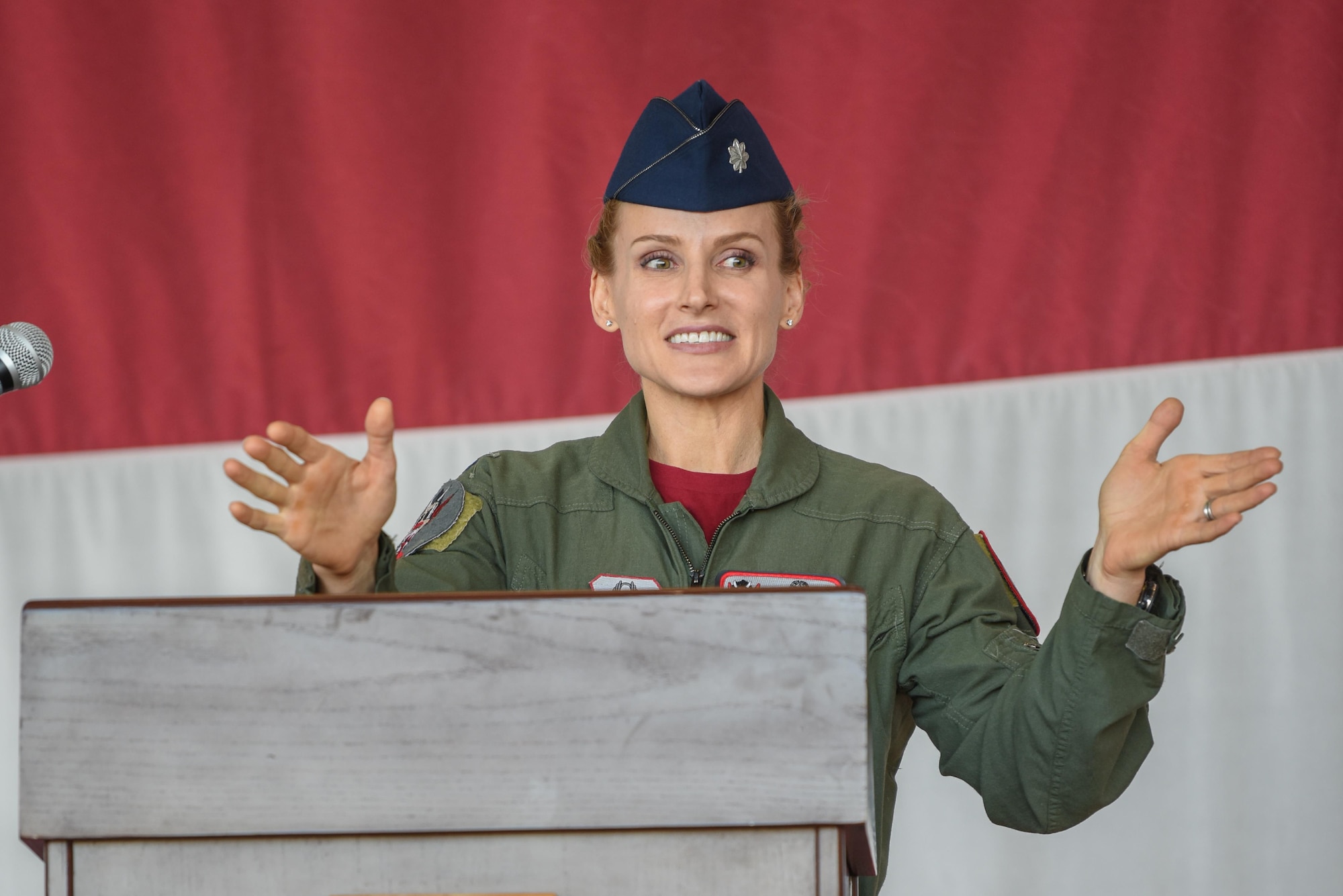Lt. Col. Trena Savageau, incoming 69th Fighter Squadron commander, speaks during the 69 FS change of command ceremony Oct. 10.